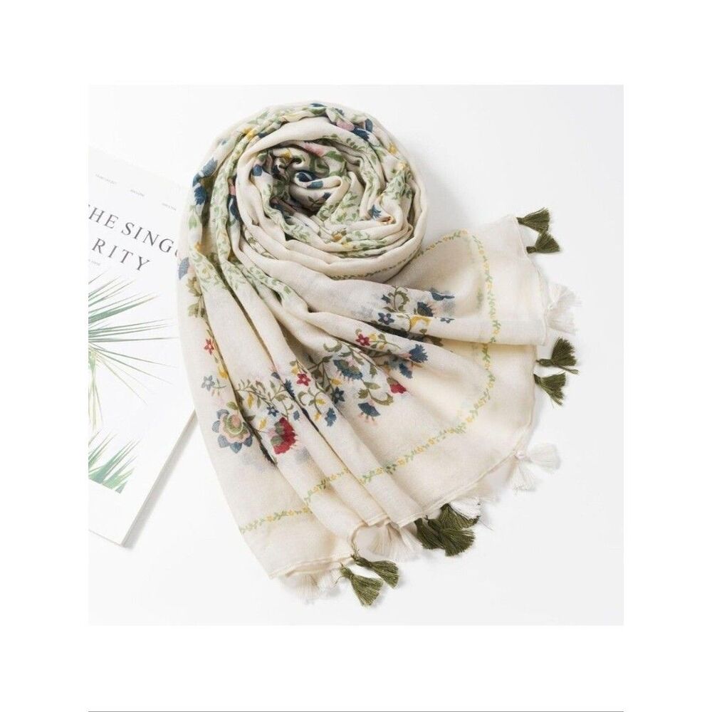 Floral Tassel Lightweight Scarf - Cream with Multicolor Print